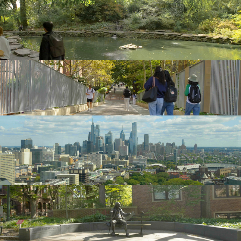 Four images of campus (top to bottom) Person in front of the bio pond on a sunny day, Students walking down locust walk, Philadelphia Skyline, and a Ben Franklin statue sitting on a bench on Penn's Campus.